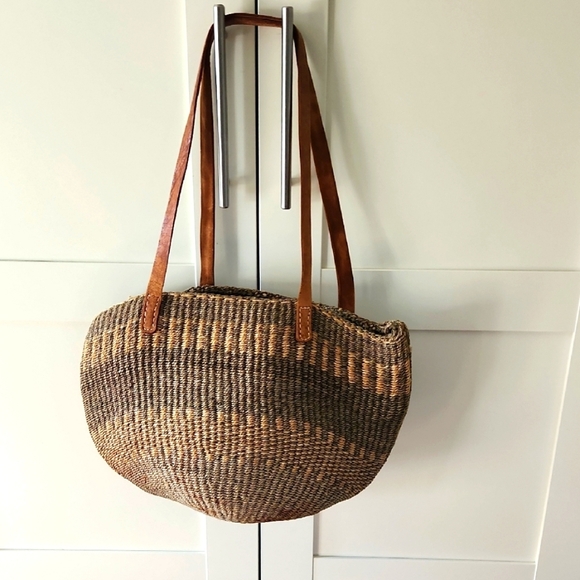 Handbags - Faded Vintage Sisal Jute Woven Market Tote Bag Genuine Leather Straps